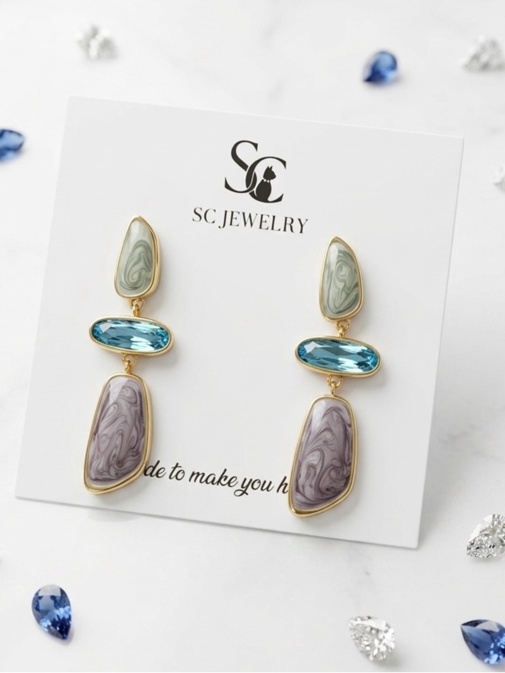 Artistic Marble Resin Drop Earrings | Teal Crystal & Mauve Accent Boutique Find
